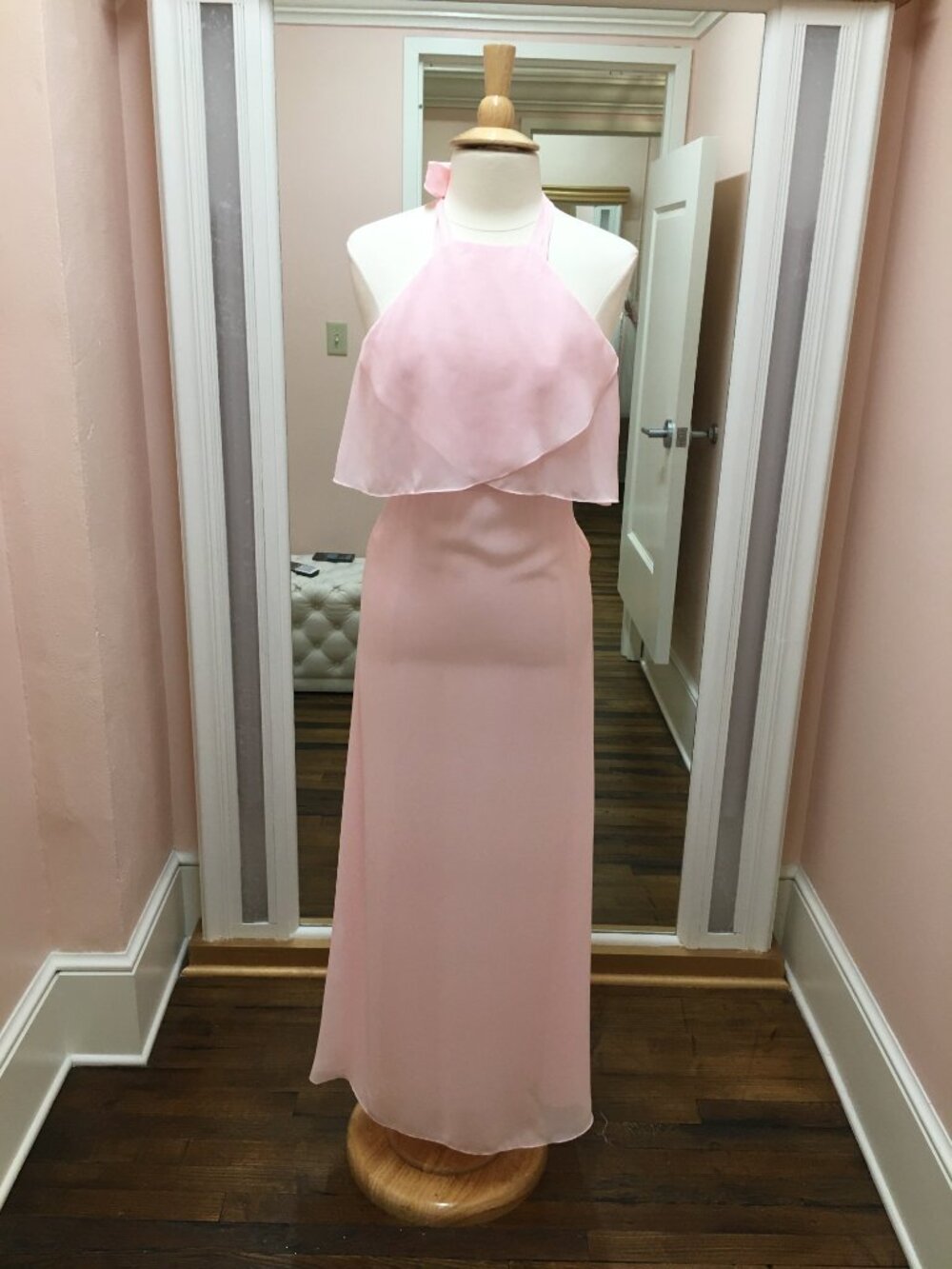 Pink Chiffon High Neck Halter Maxi Dress Boho Ruffle Overlay Bow Tie B2 Jasmine